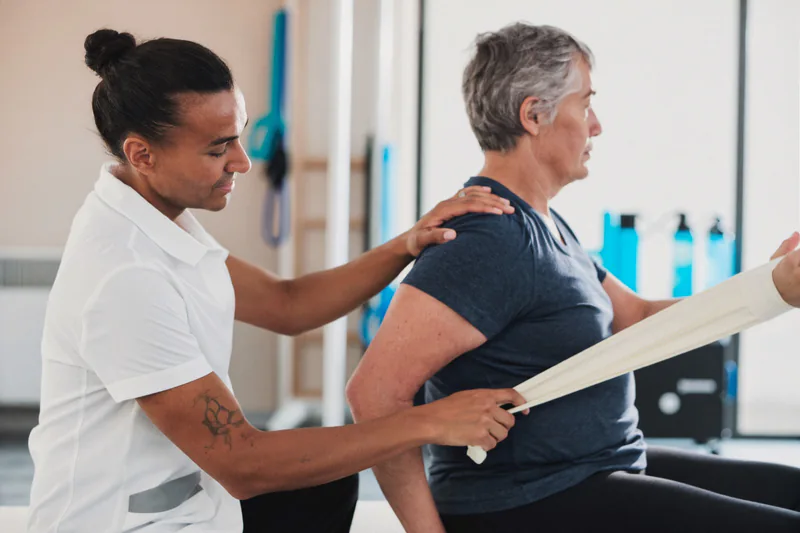 Therapist guiding a seated resistance-band shoulder exercise.