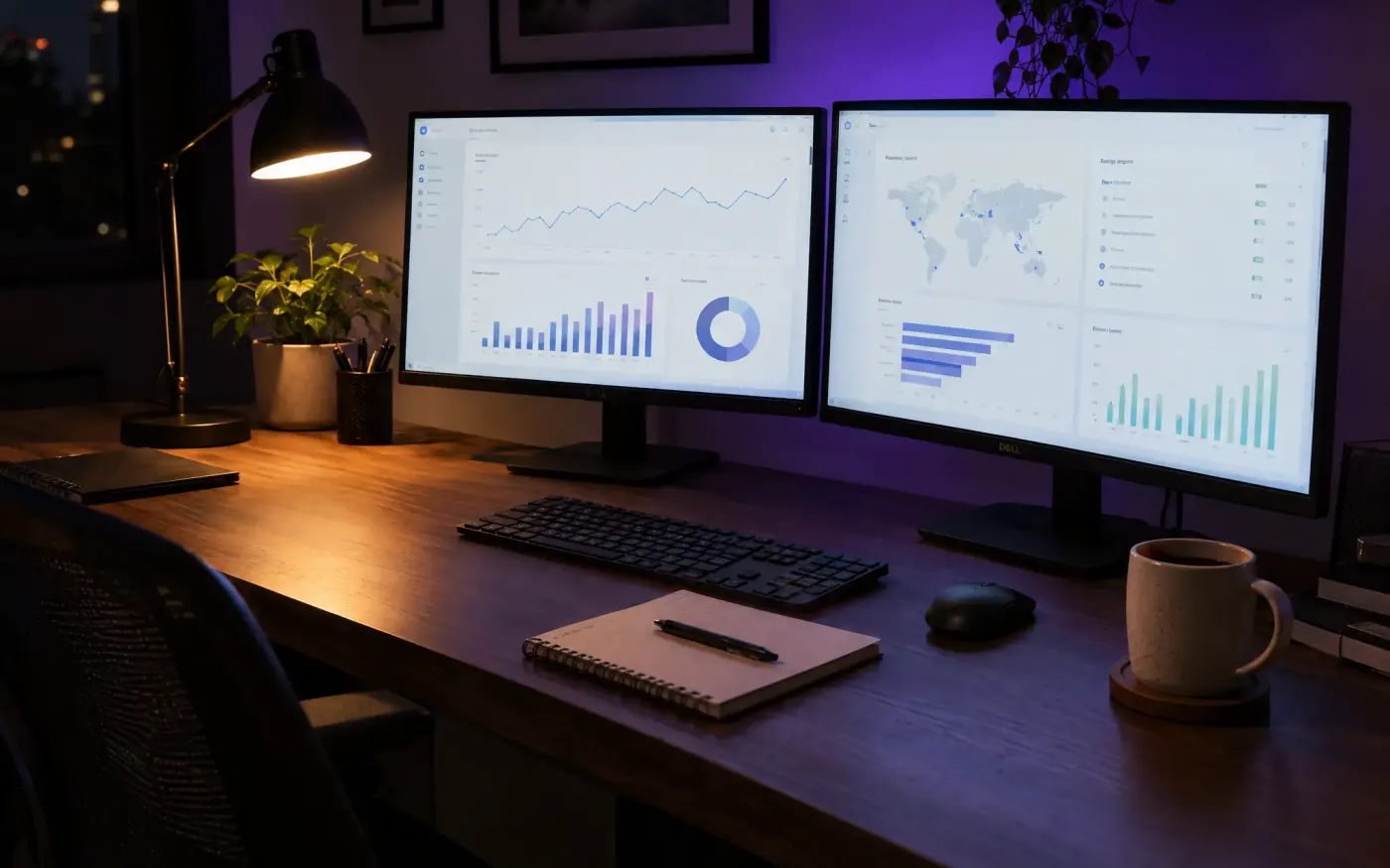 A desk with two monitors showing dashboards