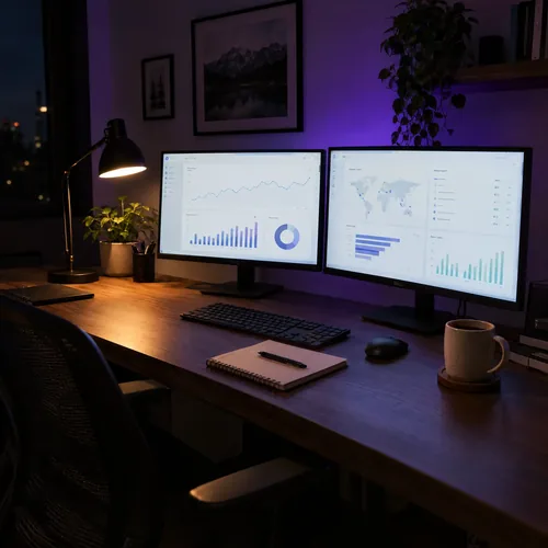 A desk with two monitors showing dashboards