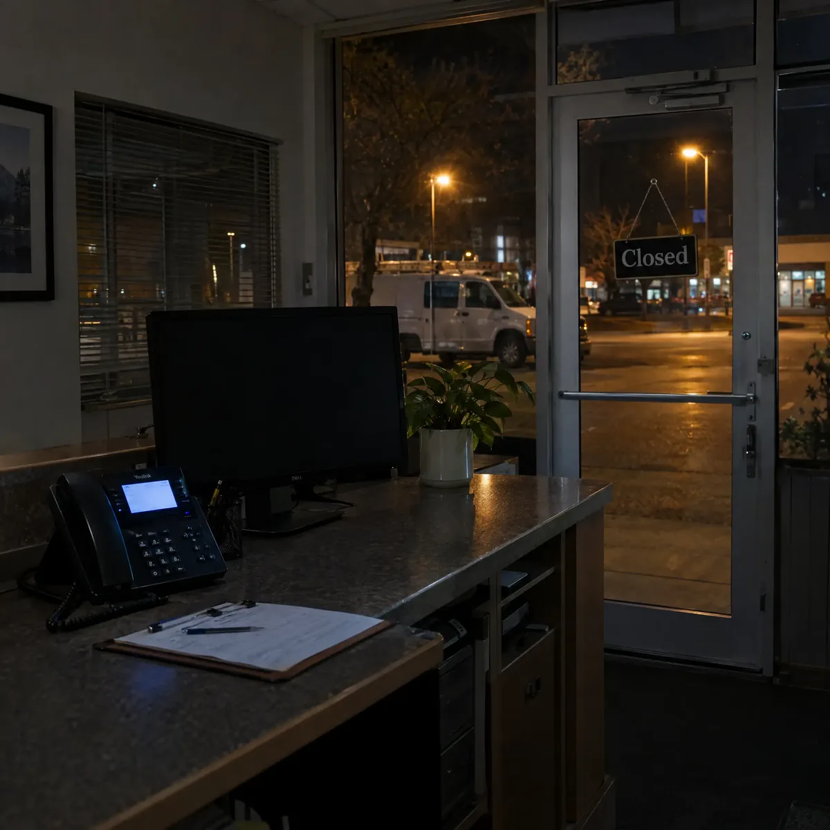 A small business front desk after closing, the phone still lit