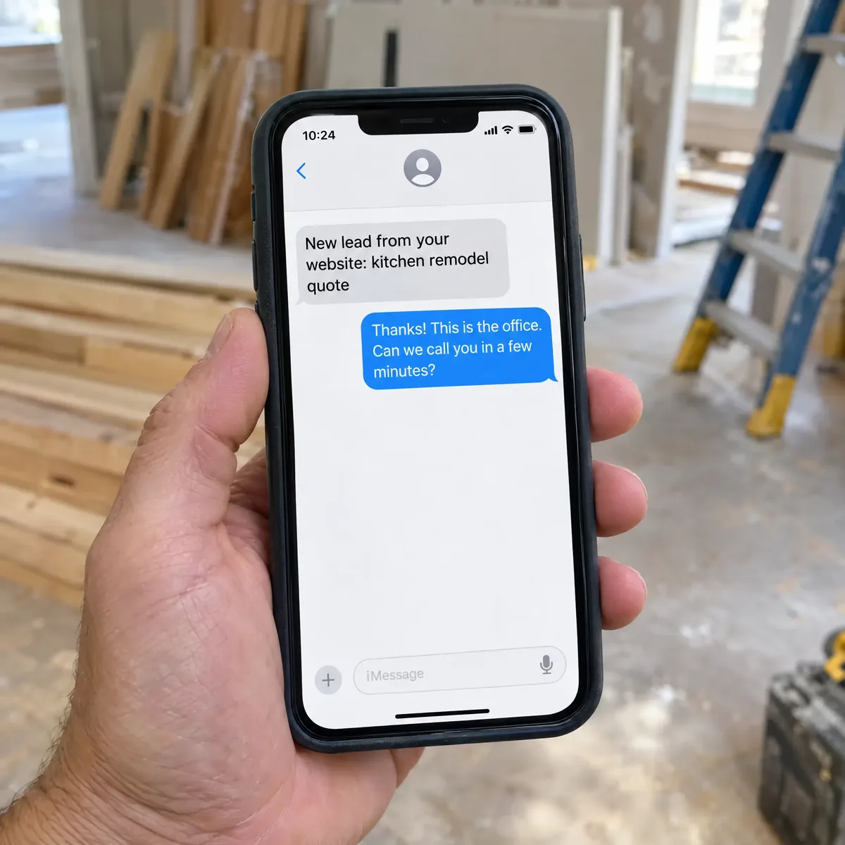 A phone on a job site showing a new lead and an instant reply